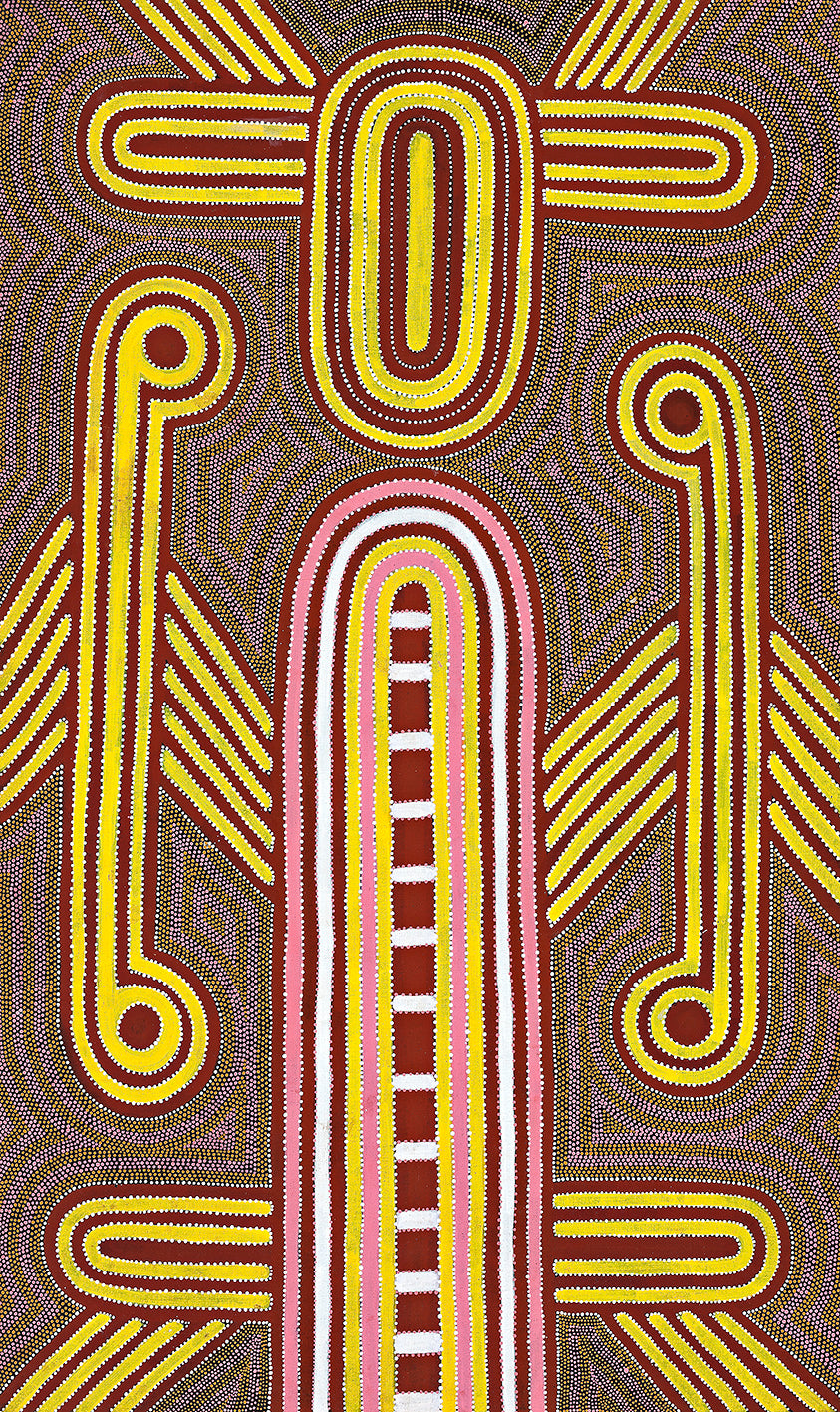 Australian Aboriginal Art Painting by Louie Pwerle of Utopia in 1996.